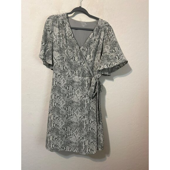 Time and Tru Sz L 12-14 Flutter Sleeve Midi Dress Tie Side Waist Lined Grey Anim - Picture 1 of 7